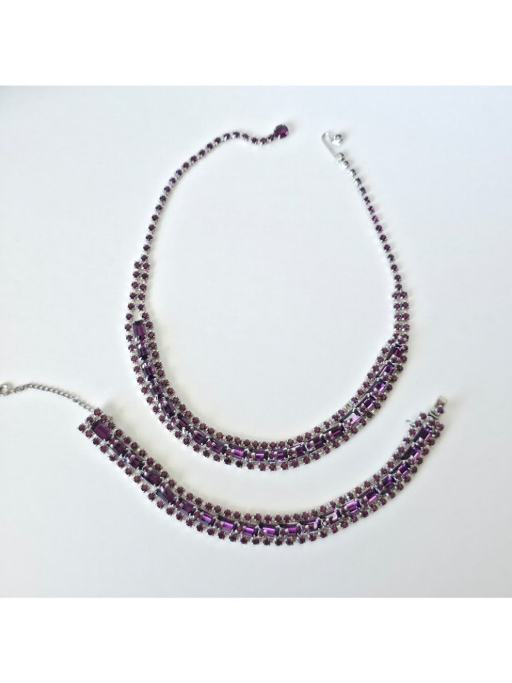 Stunning Vintage Deep Purple Rectangle Rhinestone Necklace and Bracelet Set